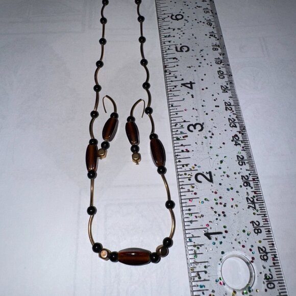 15 1/2" Beaded Gold, Black and Bronze Necklace and Earring Set - Picture 4 of 13